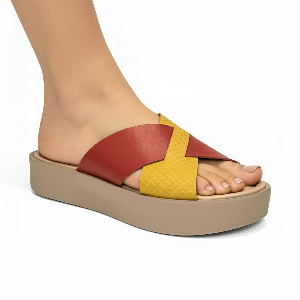 Sandalia flatform - Couro Amarelo e Tangerina