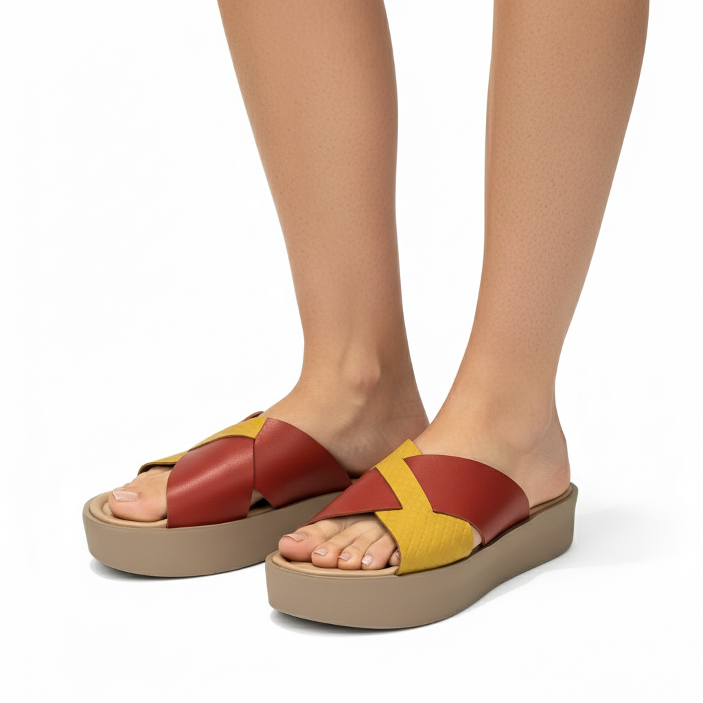 Sandalia flatform - Couro Amarelo e Tangerina