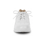 Carregue a imagem no visualizador da Galeria, Tênis casual feminino em couro legítimo branco com detalhes de costura em relevo na lateral, forro bege e sola de borracha antiderrapante.
